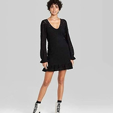 Women's Long Sleeve Brushed Lace Skater Dress Wild Fable Black Size Small