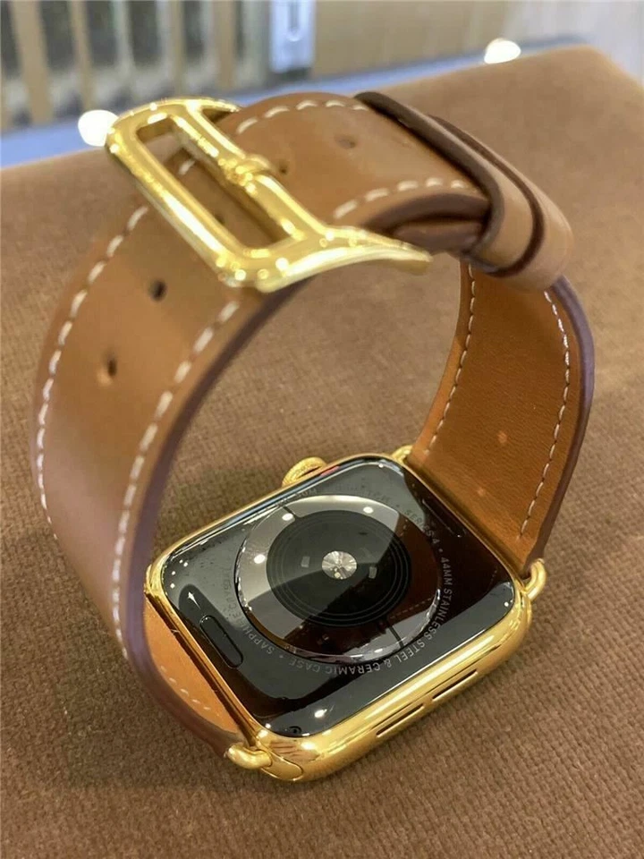 44mm Apple Watch Series 4 Stainless Steel Case Custom 24K Gold Plated Brown Band - Image 4 of 4