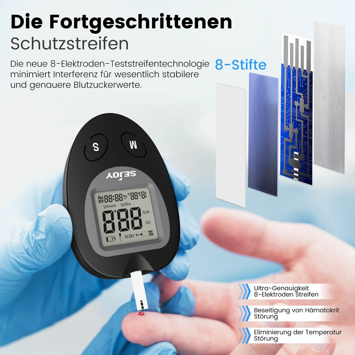 SEJOY Juego de glucómetro para sangre Set de diabetes con 50 tiras reactivas y 50 lancetas