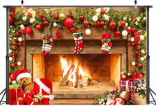 Christmas Fireplace Photo Backdrop 7x5 FT Xmas Tree Gift Backdrops