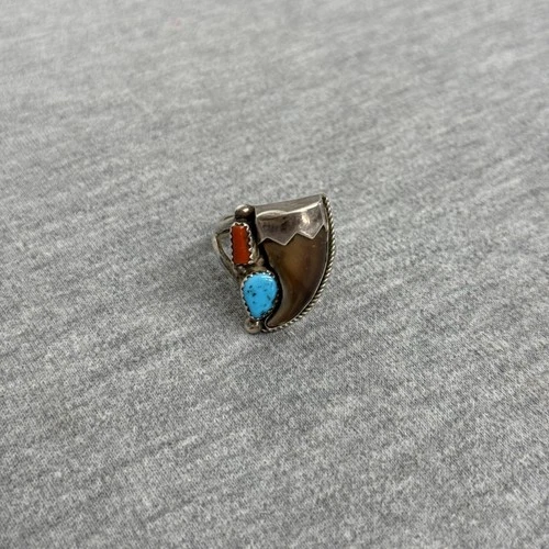 Vintage Native American Turquoise Coral Serling Silver Ring Size 11.5 - B.E.