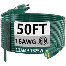 Indoor Outdoor Green Extension Cord 50 ft Waterproof, 16/3 Gauge Flexible Col...