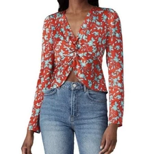 Love, Whit by Whitney Floral Long Sleeve Crop Satin V Neck Top Size Medium Red