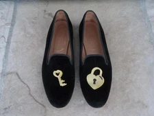 Womens STUBBS & WOOTTON Black Velvet LOVE HEART KEY Loafers Shoes 9