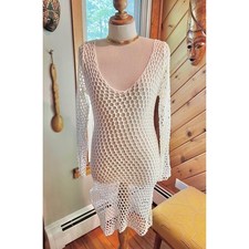 White Crocheted Long Sleeve Mini Bohemian Dress/Beach Coverup