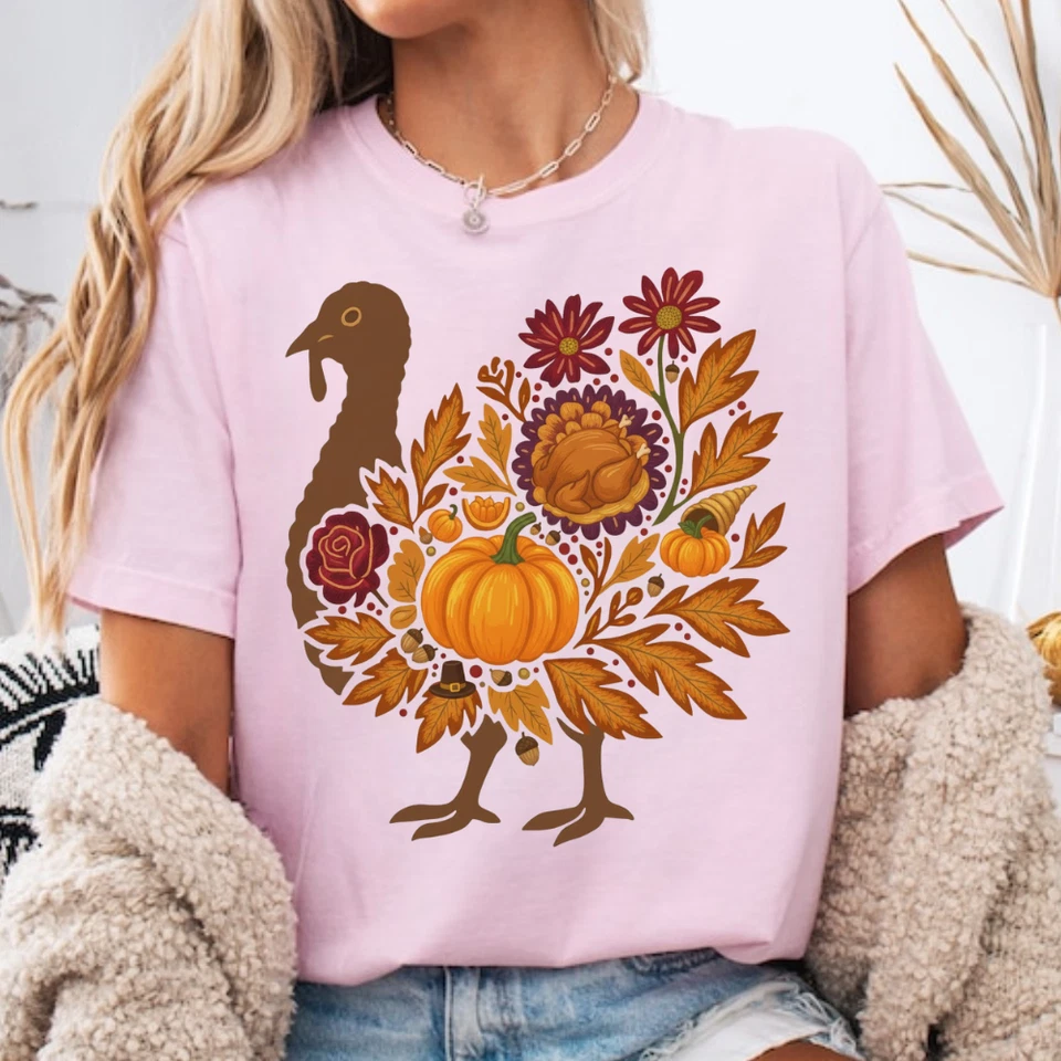 Thanksgiving Turkey Shirt Women Fall Pumpkin Floral T-Shirt Sweatshirt Cotton - Image 4 of 4