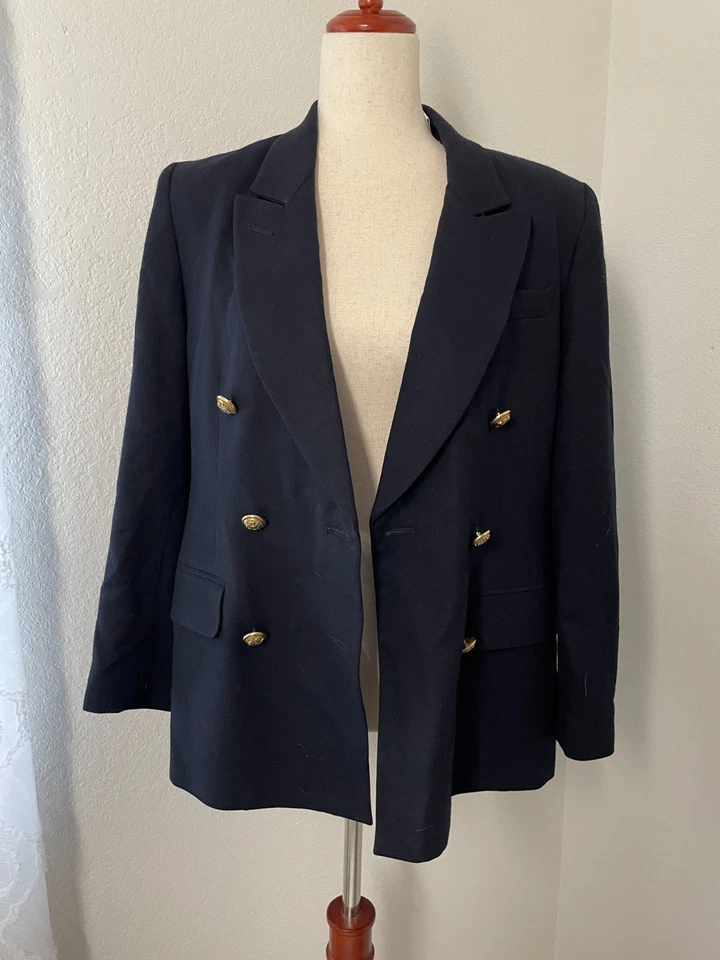 复古 Valerie Stevens 女式 6P 海军蓝双排扣富豪羊毛西装外套 — 第 2/4 张图片