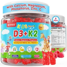 Vitamin D3 K2 Gummies for Kids + Calcium, Magnesium, Zinc, Phosphorus, Vitami...