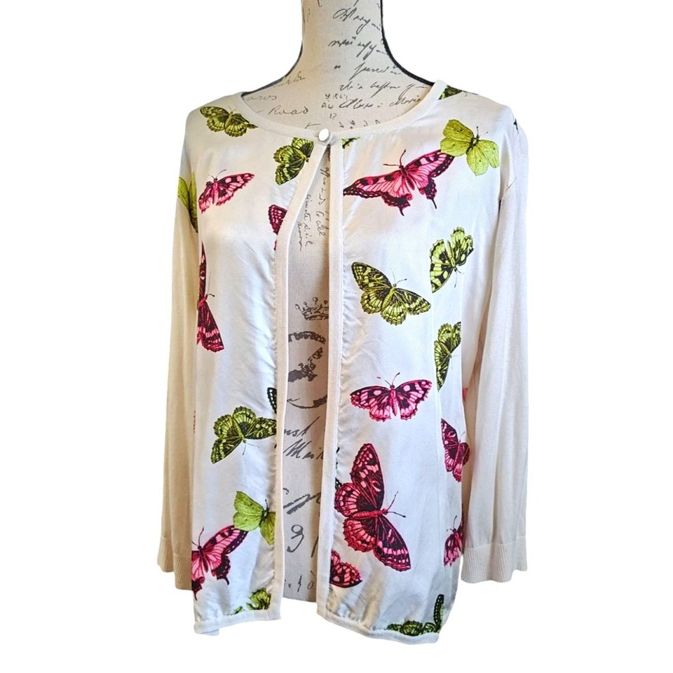 Silk Cardigan Sweater size 2X Butterflies Cream Career Business Casual