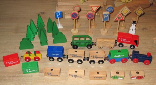 Alte Holz-Eisenbahn BRIO 125-tlg. Konvolut Kurve Gerade Brücke Weiche Baum - Bild 3 von 6