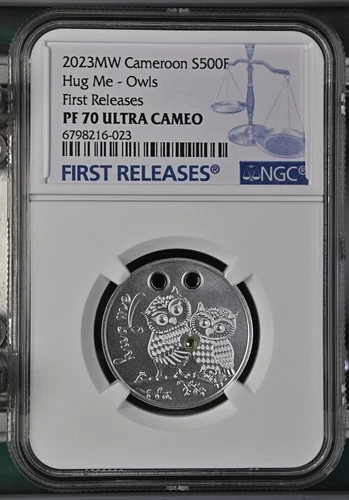 2023 Republic of Cameroon Silver Coin Hug Me Owls Pendant NGC PF70 First Release