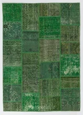 Green Color Handmade Patchwork Rug Made from Over-Dyed Vintage Carpets
