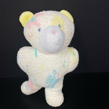 Vintage White Teddy Bear Plush Stuffed Animal Rattle Terry Cloth Pastel Bunnies