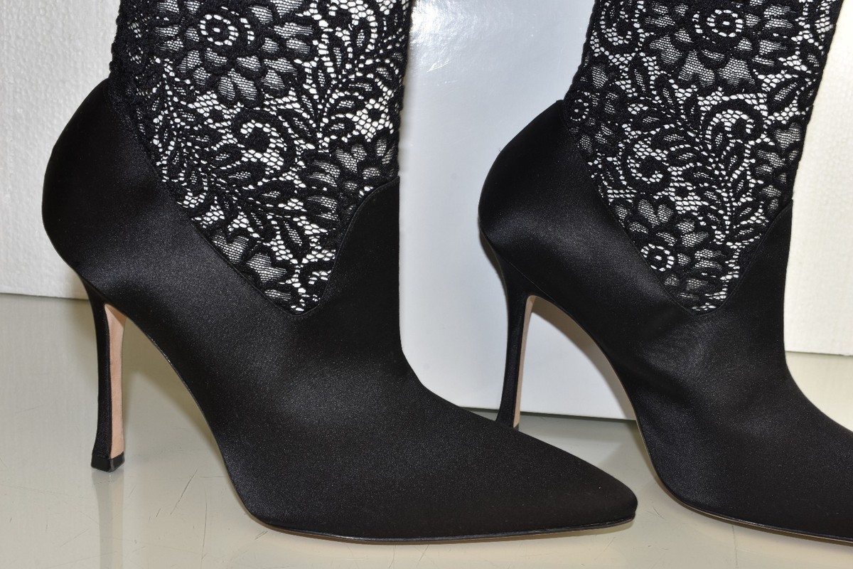 Bottes Hautes Manolo Blahnik Pascalrehi - Dentelle Extensible, Noir, Tailles 38.5 Et 39.5 - Neuf Avec Emballage