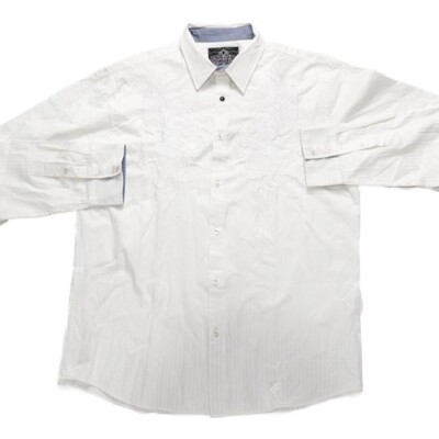 Roar Men's XXL Solace Button Shirt White on White Embroidered Flip Cuff Stripe