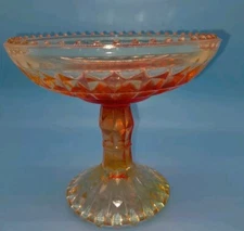 Vintage Jeanette Windsor Diamond Pattern Amberina Yellow Red Pedestal Compote 
