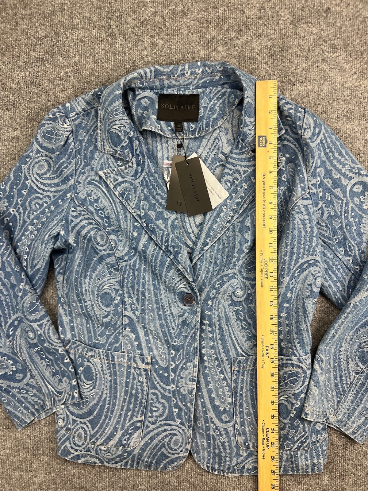 Solitaire Jacket Women's XL Blue Denim Paisley Blazer Single Breasted Button NWT