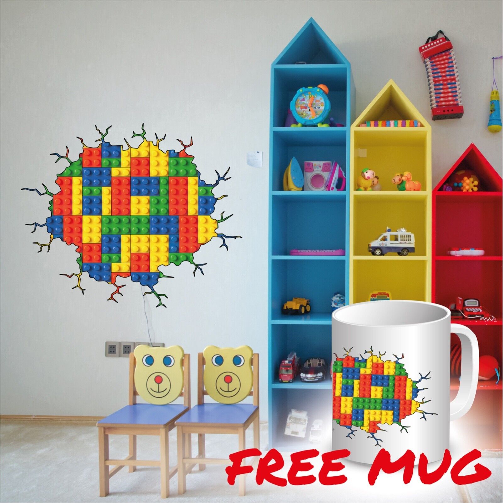 Wall Stickers Mural Art Decal 3D LEGO Room Decor Home FREE MUG