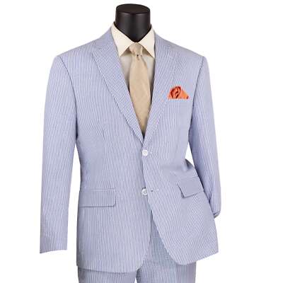 VINCI Men's Navy Blue Striped Seersucker 2-Button Modern Fit Cotton Suit - NEW