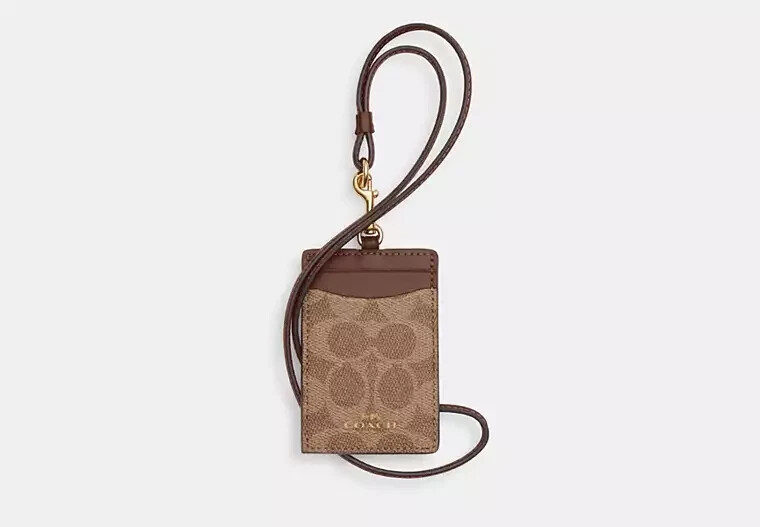COACH CZ285 SIGNATURE BROWN TAN GOLD Lanyard ID BADGE Holder NWT
