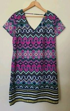 Y2K Women's Shift A-Line Dress Sz Large Multicolor Short Sleeve V Neck Pullover
