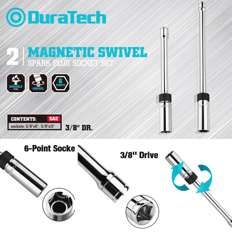 DURATECH 2PC 3/8" Drive Magnetic Swivel Spark Plug Socket Set 5/8" Sockets 6 PT - Image 2 of 4