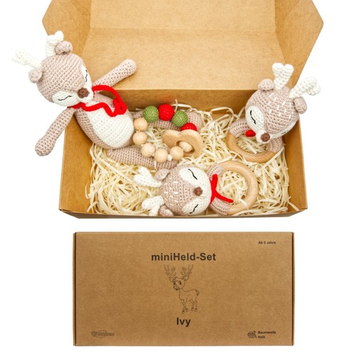Handgestrickter Reh Ivy Set Babyrassel Holzspielzeug und Baumwolle - Bild 11 von 11
