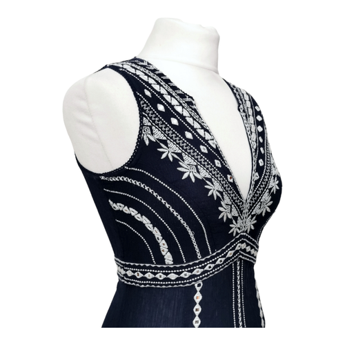 MONSOON Navy 100% Cotton Maxi Dress Size Small Embroidered Indian Mirror Work - Picture 10 of 24