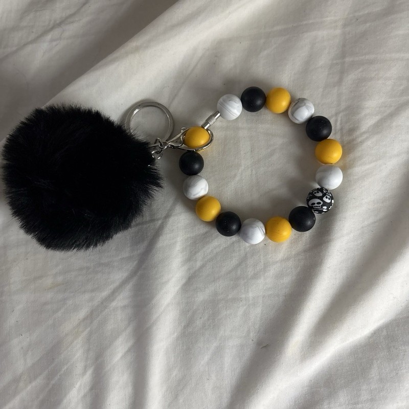 Handmade Beaded Keychain Wristlet Bracelet w/ Black Pom Pom, Black/White/Yellow