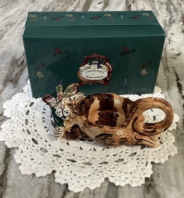2001 Blue Sky Christmas Tabby Cat Tea Light Holder In Original Box-VGC