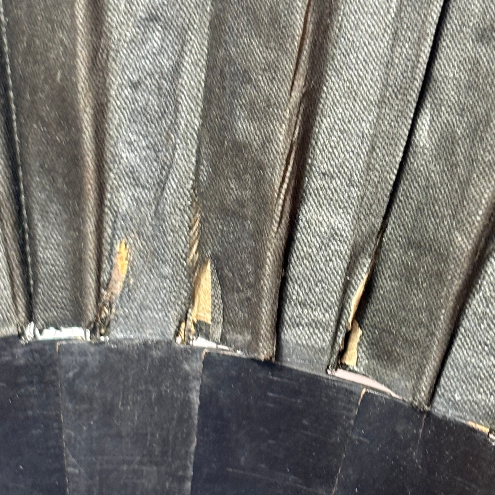 Victorian Mourning Fan Folding Black Satin Painted Flowers & Foliage Black Wood