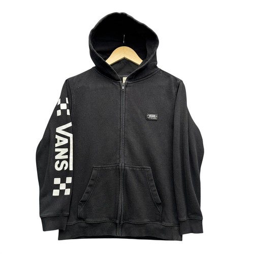 Vans Zip Up Hoodie Men's Size L Black Full Zip Logo Checkered Sleeve Sweatshirt