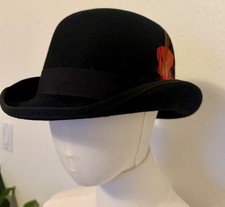 Scala - Black Wool Bowler Hat Feather Accent Formal Fitted Men's Vintage