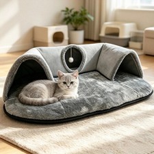 2 in 1 Cat Cave Tunnel Bed for Indoor Plush Dark Gray Cozy Cat Scratcher Home