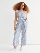 H M Floral Square-Neck Tie Belt Jumpsuit Linen Blend Sz XL Spring Summer Casual
