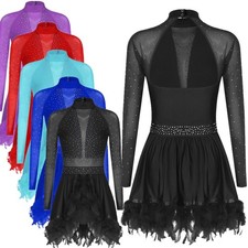 Women Dancewear Latin Skirt Stage Dress Samba Long Sleeve Skating Shiny Dance