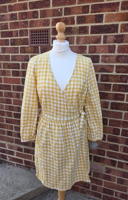 Vintage Y2K Old Navy gelb-weiß Gingham Langarm Wickelkleid