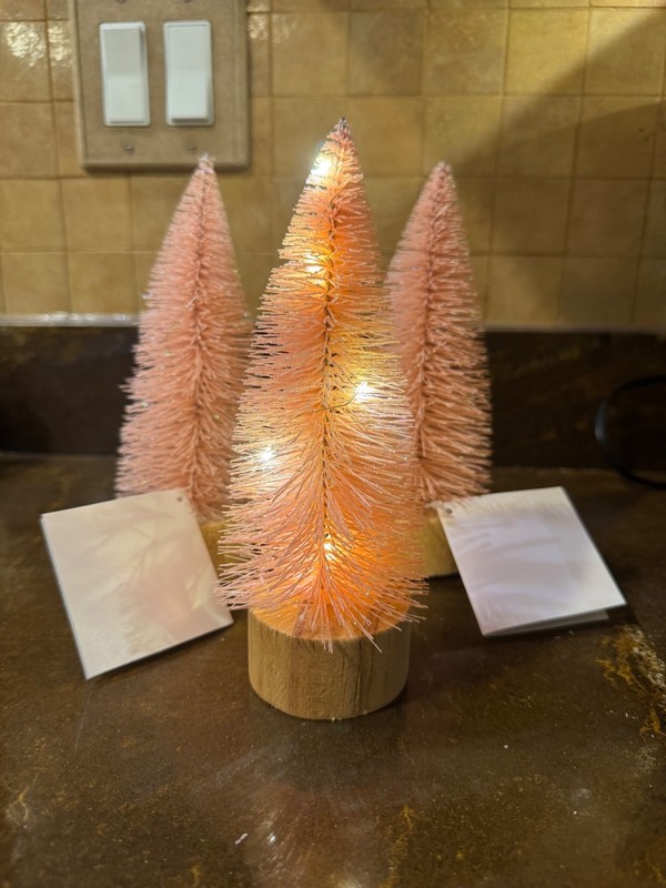 NEW Set Of 3 Glitter Bottle Brush Light Up Trees Pastel Pink Easter 8”