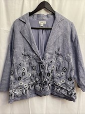 Coldwater Creek Linen Jacket Large Blue Embroidered Floral Boho Artsy Nature