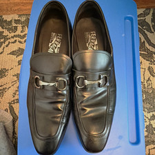 Salvatore Ferragamo Men  s Black Leather Slip-On Dress Loafers 9D Square Toe