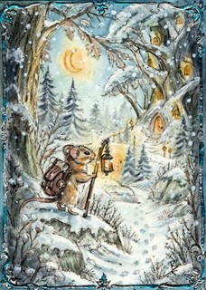 ACEO Original Art Mouse Winter Moon Snowy Forest Gold Fantasy Art Card Jay Lana