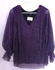Msk V Neck Blouse Cuff Sleeves Women's Size M Shimmery Purple  New Year Party