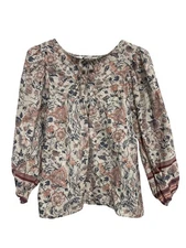 C&C California Peasant Top Size Large Floral Tie Neck Long Sleeve Multi Bohemian
