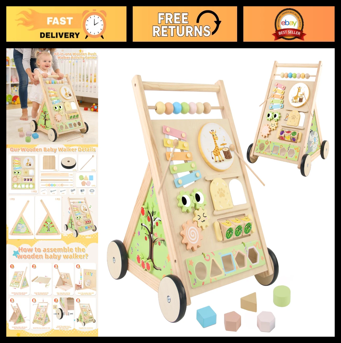 Wooden Baby Walker with Wheels - Push Toy for 6-18 Months, Activity Center, Lear
Opens in a new wind