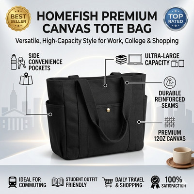 Large Canvas Tote Bag Work Commute Shoulder Handbag College Student Travel Purse
