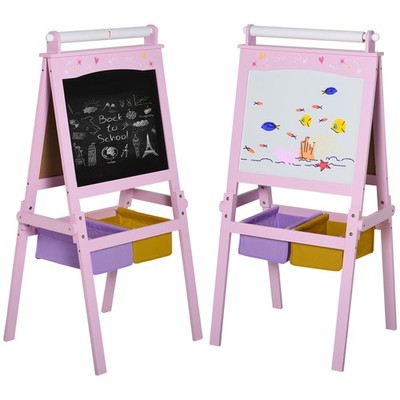 HOMCOM Kinder Holz Kunst Staffelei mit Papierrolle doppelseitige Kreidetafel, Whiteboard