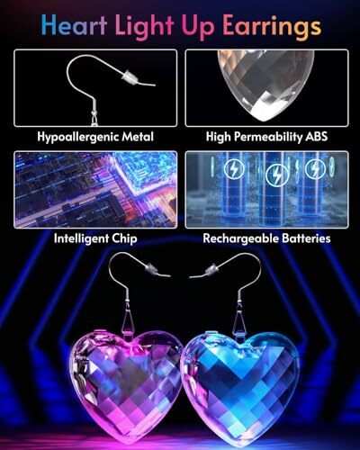 LED Earrings Light Up Earrings 16 Light Modes Rechargeable Transparent Heart - Picture 5 of 7