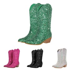 Women's Pointy Toe Glitter Western Boots Rhinestone Block Heels Mid Calf Boots