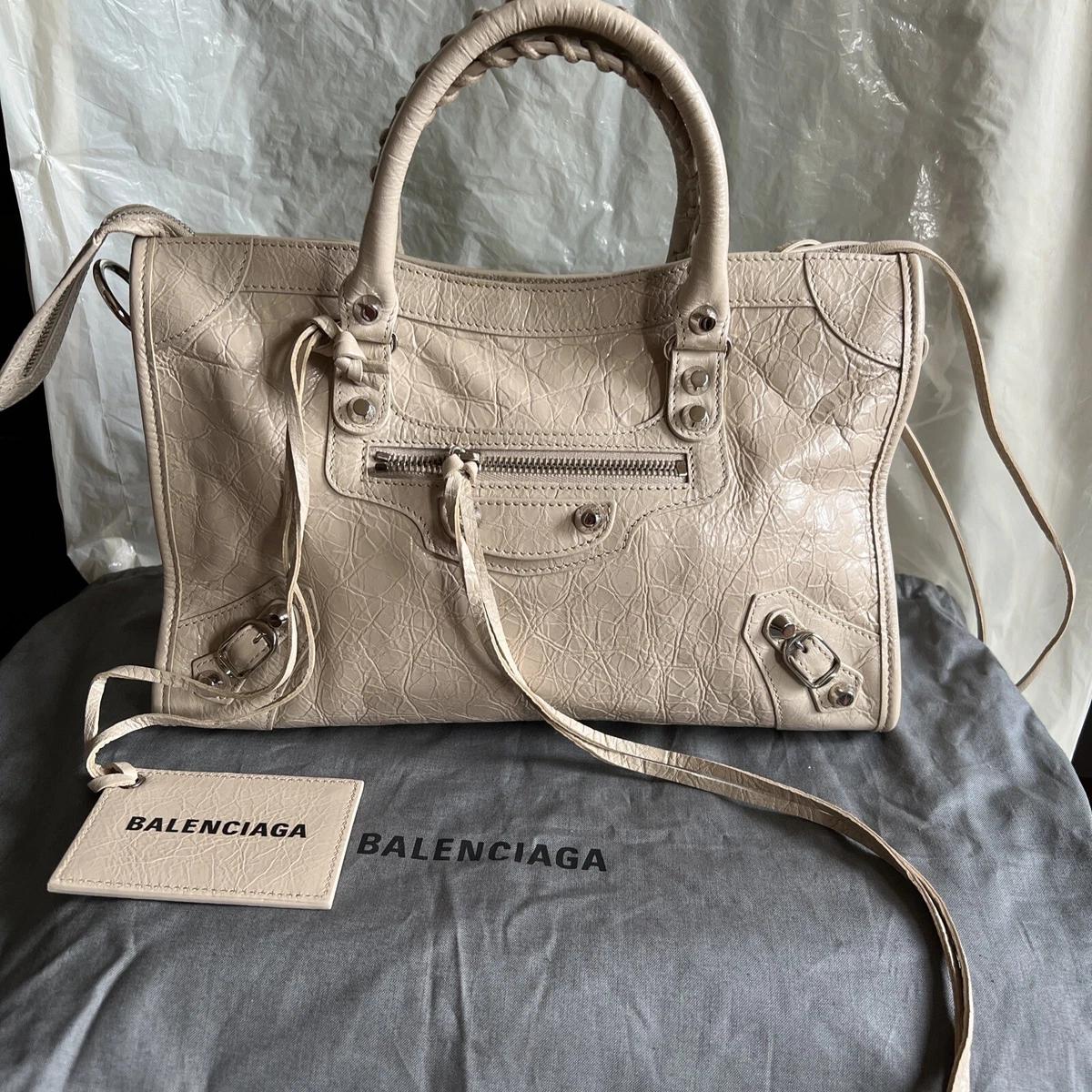 Authentic Balenciaga Light Beige Leather 2 Ways Small City Bag