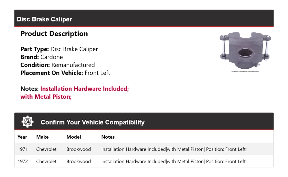 Pinza de freno de disco delantera izquierda cardone para Chevrolet Brookwood 1971-1972 Foto 2 de 3